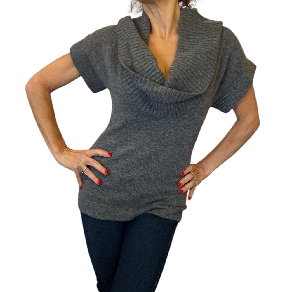 DEREK LAM Luxury Cashmere pullover Sweater Gray Short Sleeve Draped Cowl Neck P